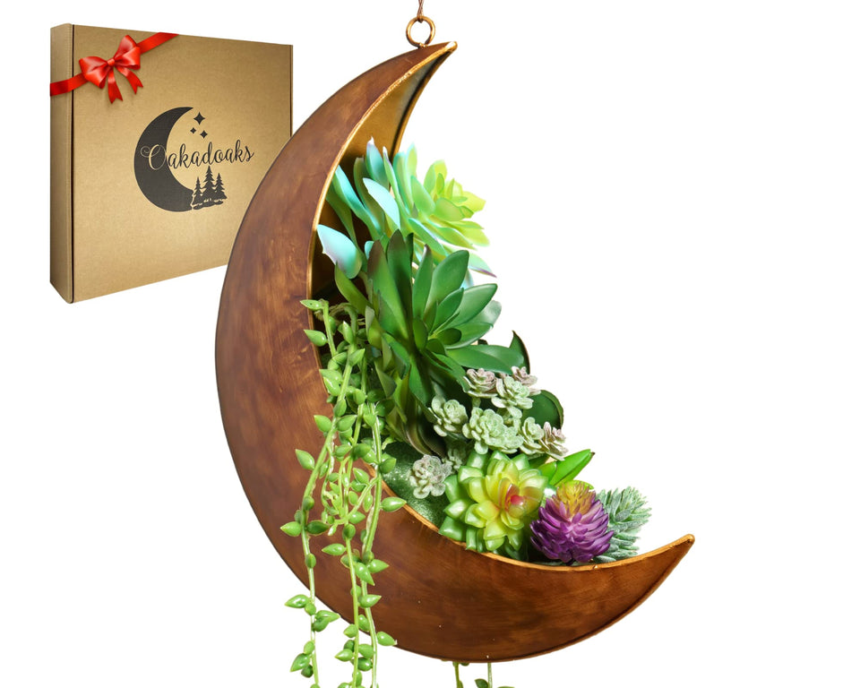 Oakadoaks Hanging Moon Planter with brushed finish enhances celestial decor