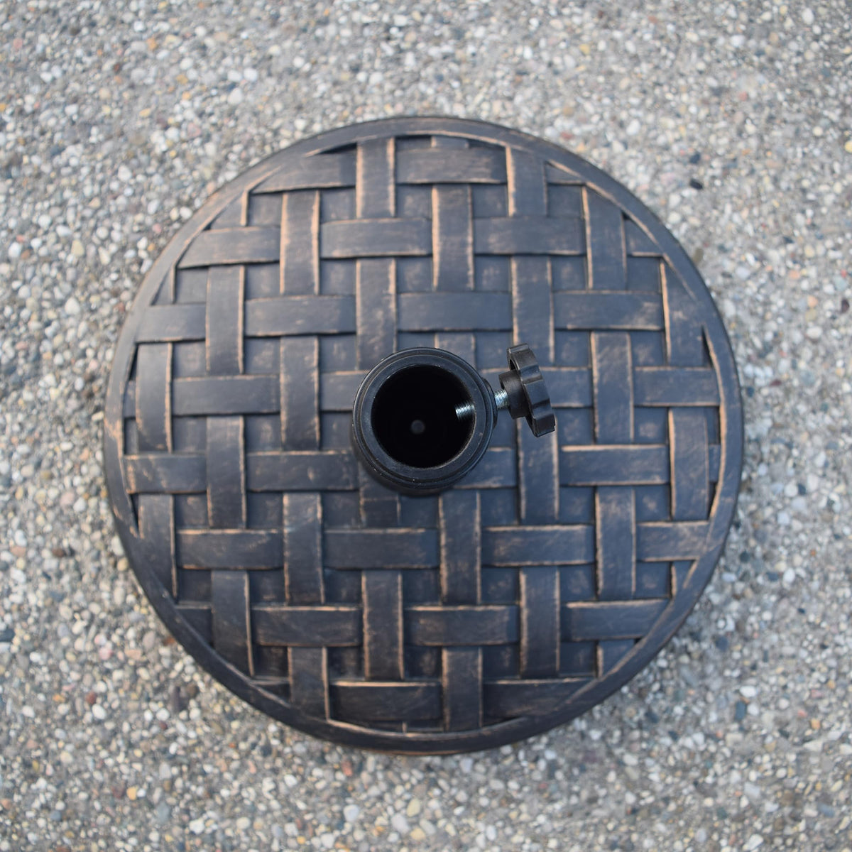Oakland Living antique bronze 40 lb base close-up highlighting durable concrete-plastic mix