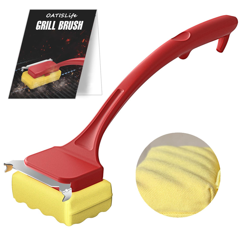 OATISLIFE grill brush with extended anti-scald handle for safer cooking