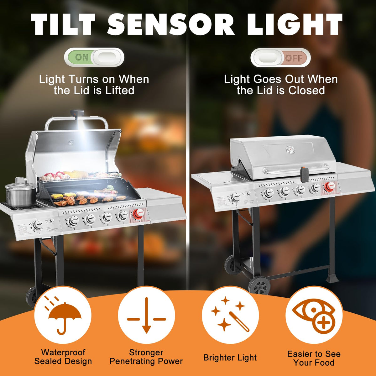 OATISLIFE grill light auto-activates when lid opens for hands-free lighting.