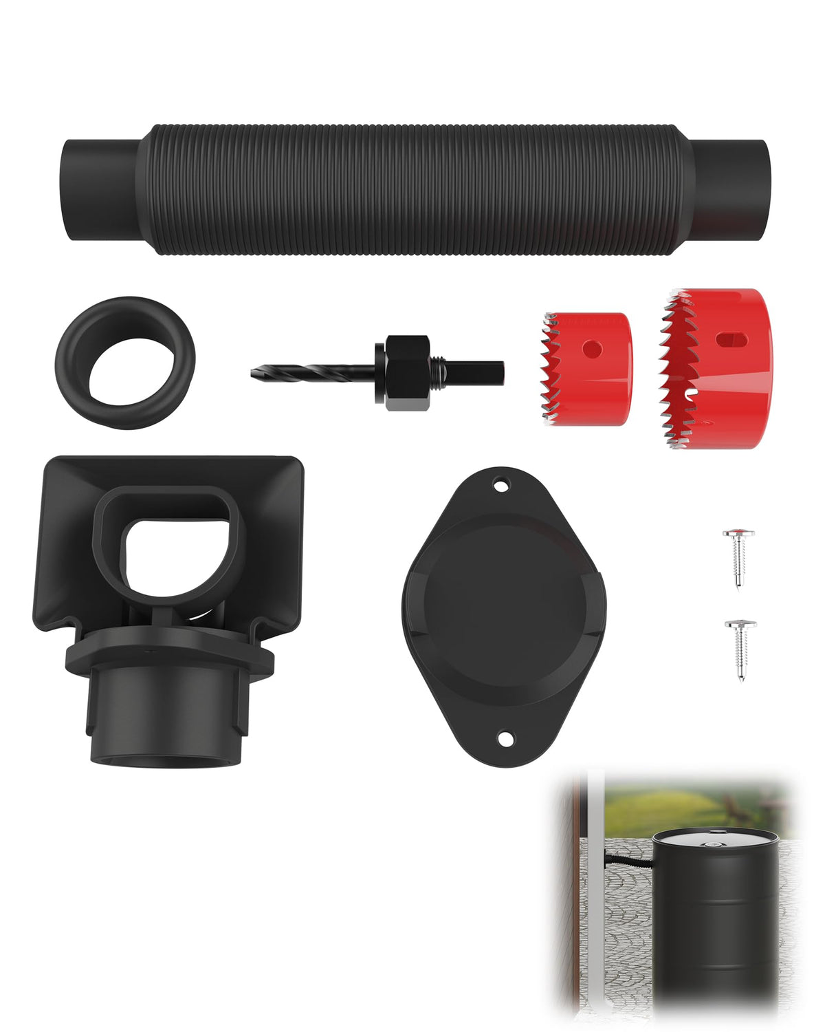 OAYAYONI Rain Barrel Diverter Kit enables easy downspout connection for rainwater collection.