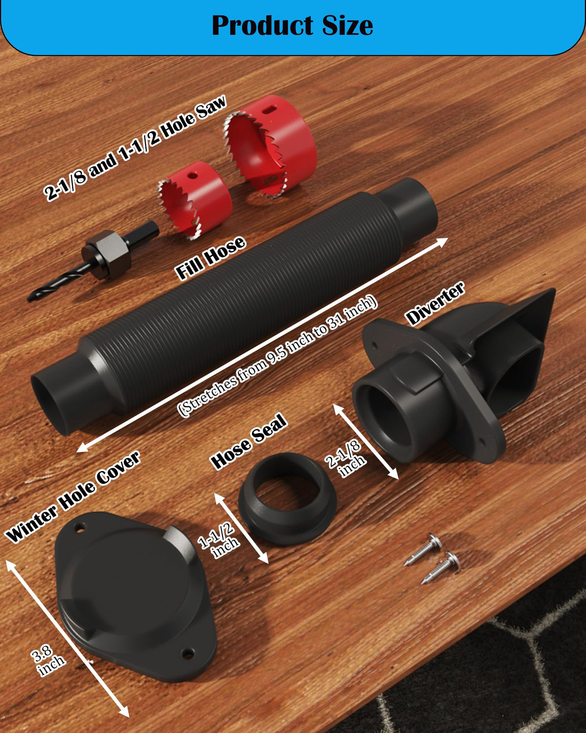 OAYAYONI Rain Barrel Diverter Kit shows filling hose attachment for water capture.