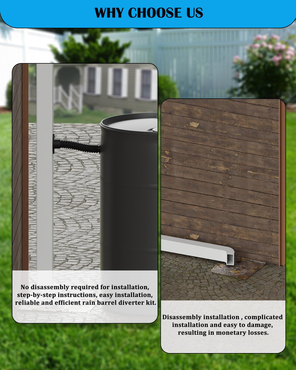 OAYAYONI Rain Barrel Diverter Kit features flexible hose for easy positioning.