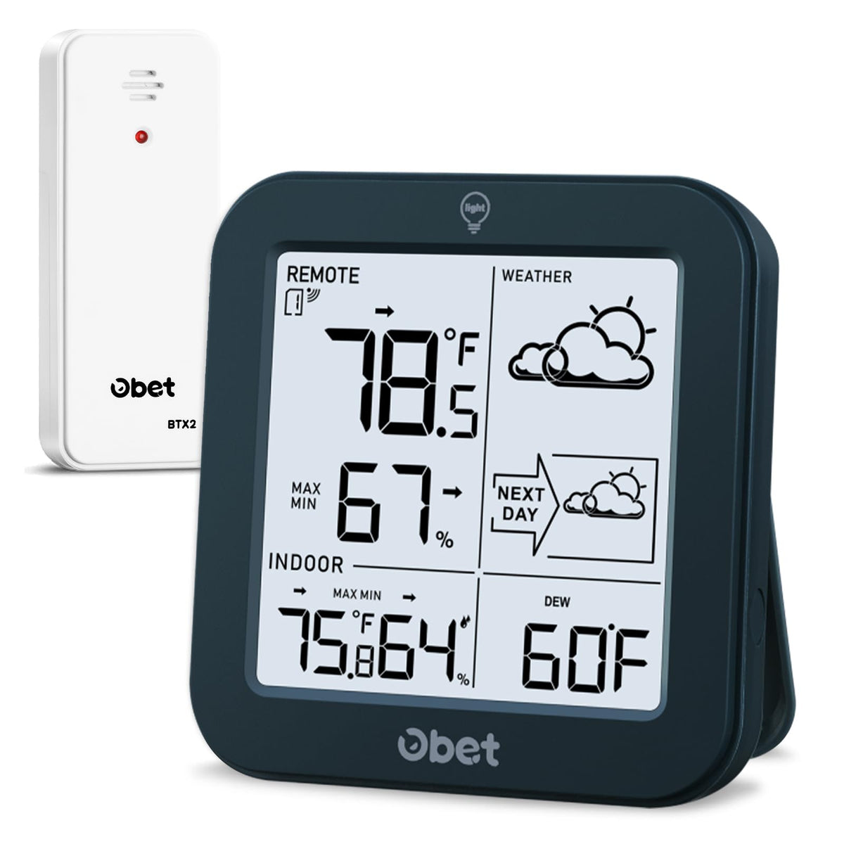 OBET dew point, heat index, and pressure display for daily planning.