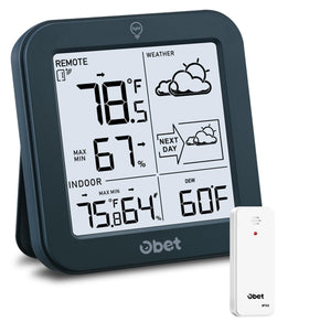 OBET indoor-outdoor thermometer front view shows precise home readings.