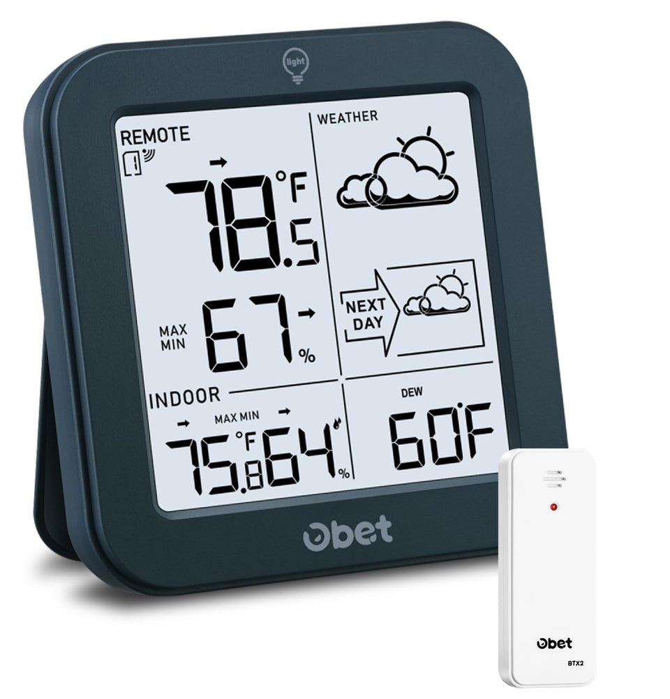 OBET indoor-outdoor thermometer front view shows precise home readings.