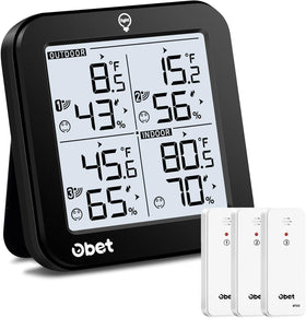 OBET indoor outdoor thermometer unit displays temperature and humidity for home comfort