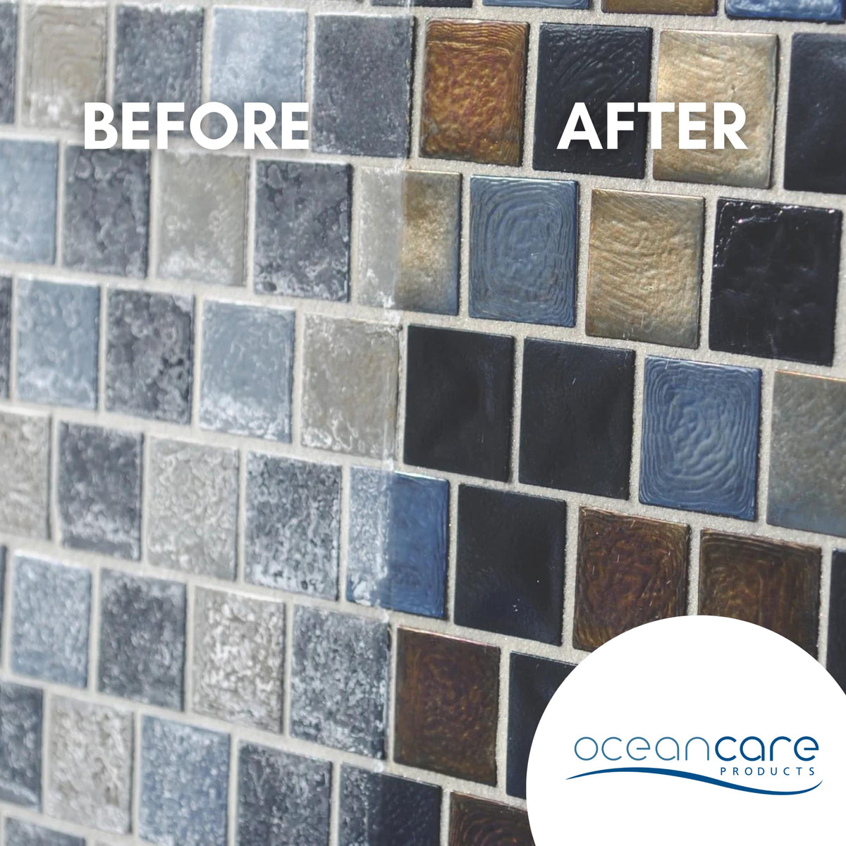 OCEANCARE Calcium Releaser applied to tile surface showing clean grout lines