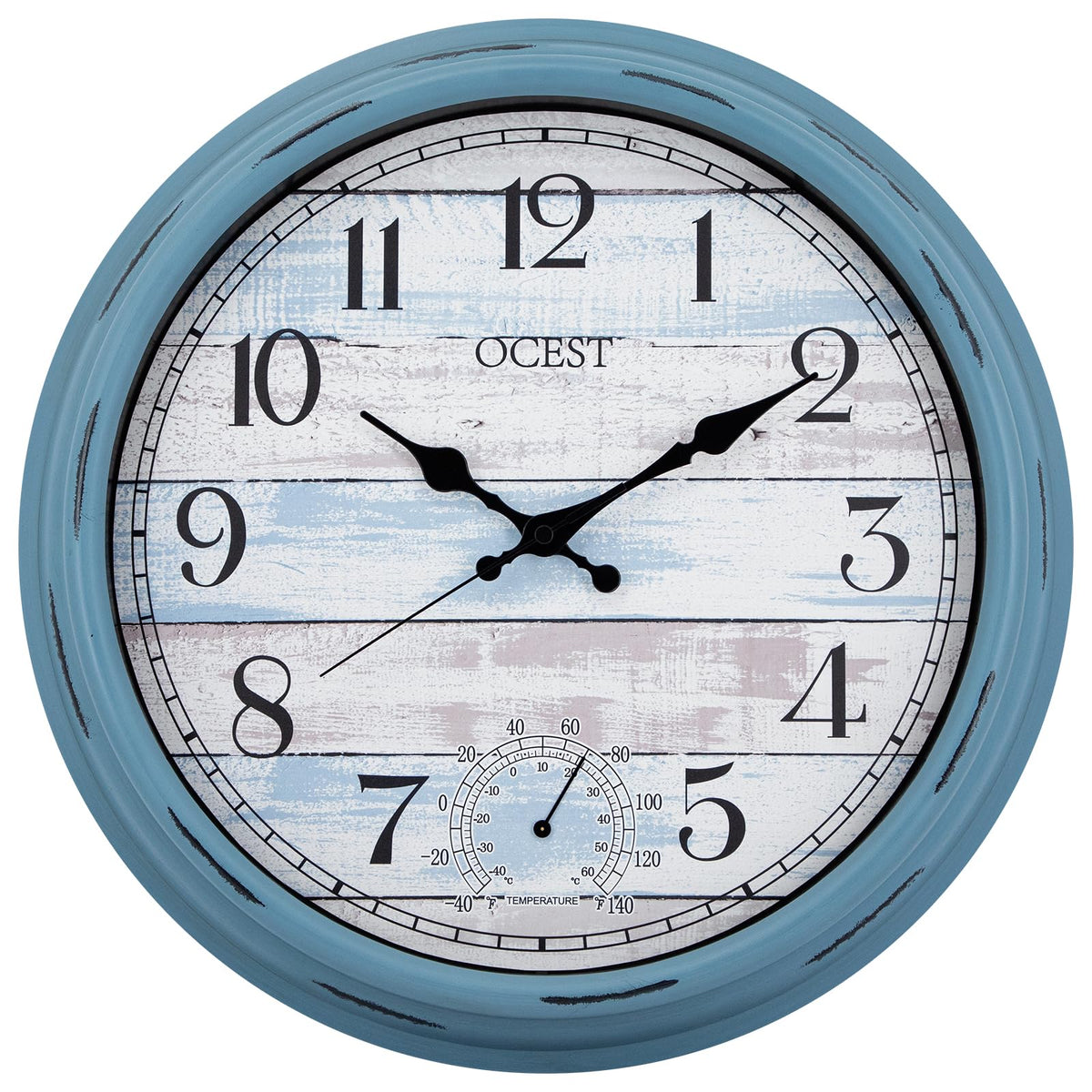 OCEST 16-inch outdoor clock with blue face and bold numerals for easy outdoor time reading.