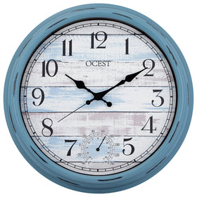 OCEST 16-inch outdoor clock with blue face and bold numerals for easy outdoor time reading.