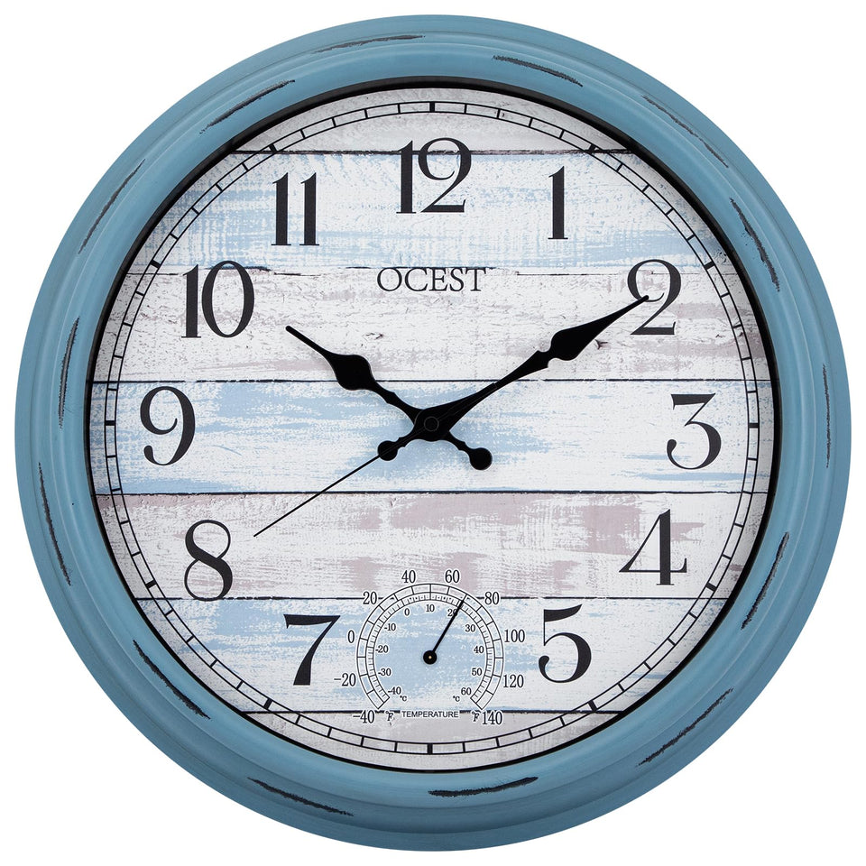 OCEST 16-inch outdoor clock with blue face and bold numerals for easy outdoor time reading.