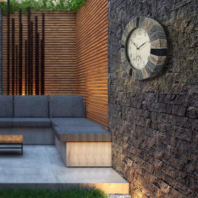 OCEST outdoor clock dial close-up with large numerals for easy reading.