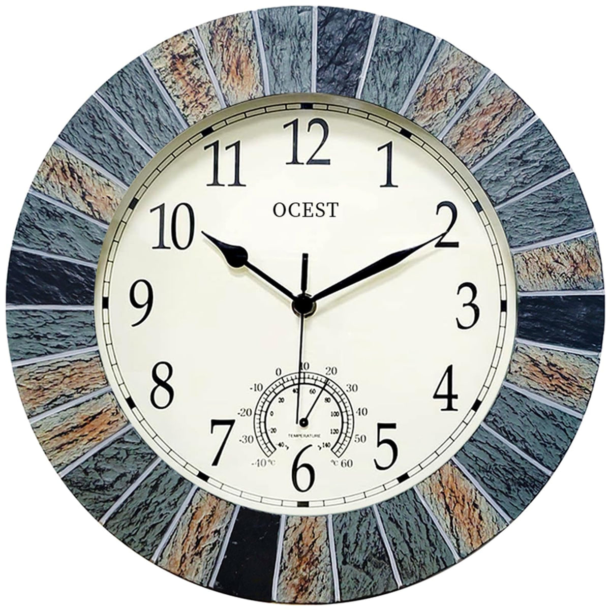 OCEST outdoor clock front view brown showing weatherproof design.