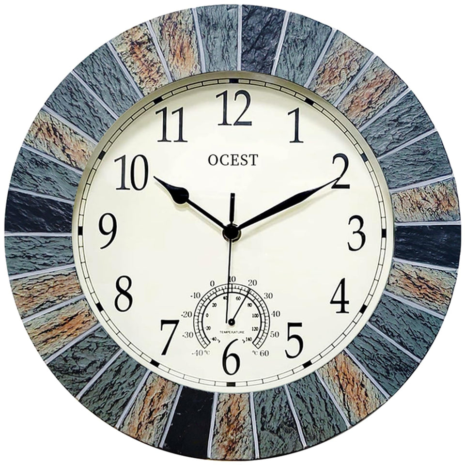 OCEST outdoor clock front view brown showing weatherproof design.