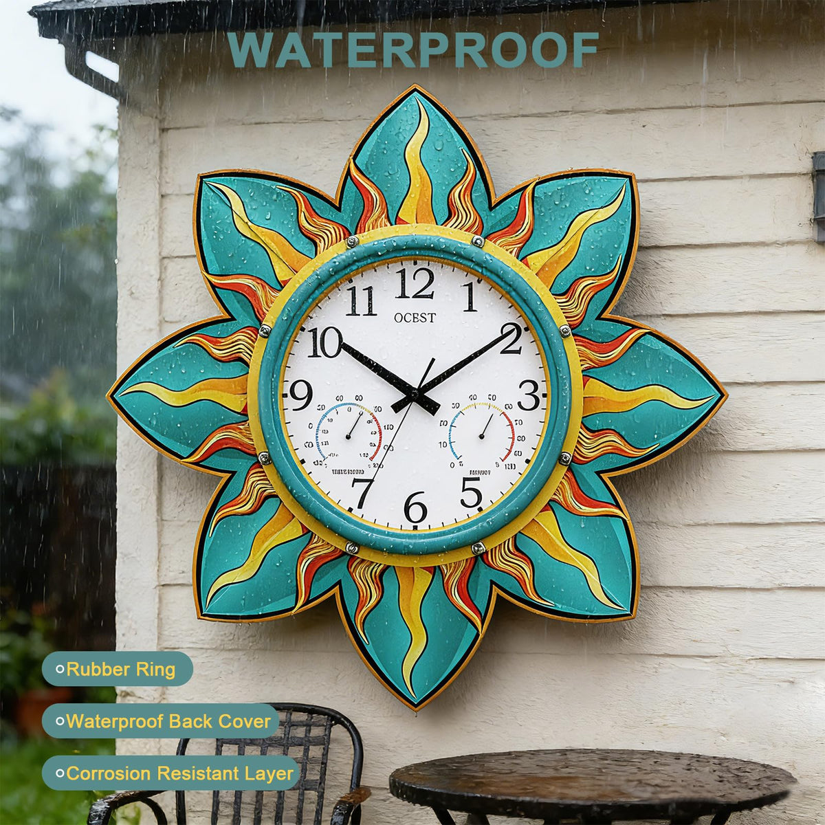 OCEST outdoor clock on patio provides reliable time and ambiance.