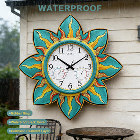 OCEST outdoor clock on patio provides reliable time and ambiance.