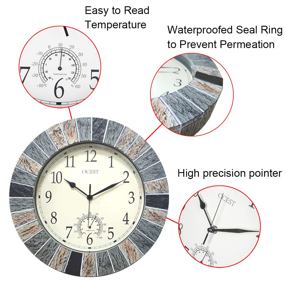 OCEST outdoor clock thermometer display for ambient temperature.