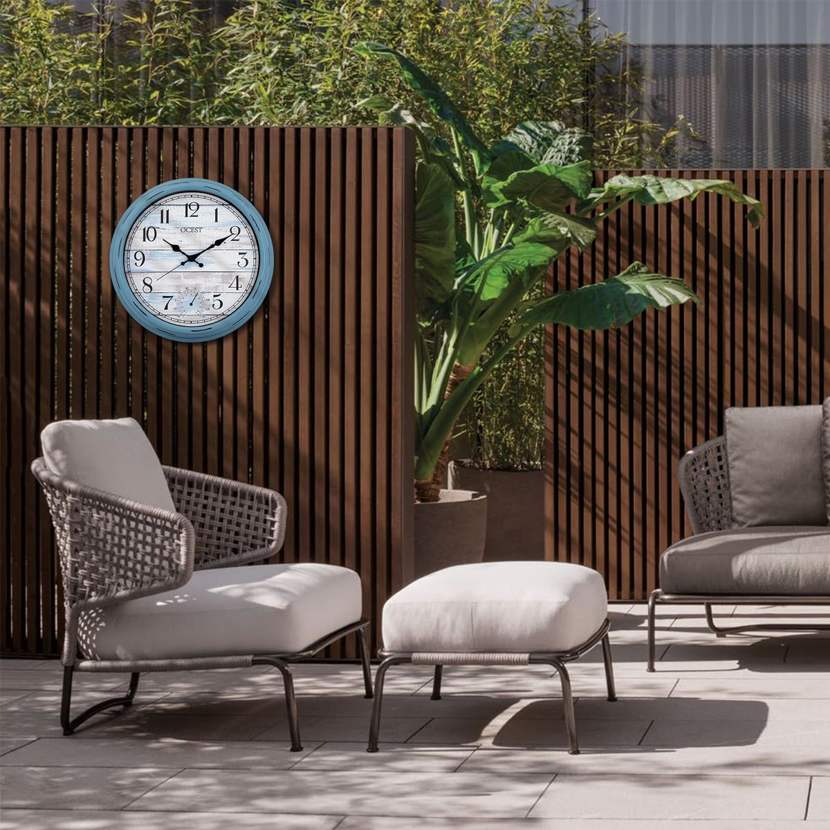 OCEST waterproof clock withstands rain for durable outdoor use.