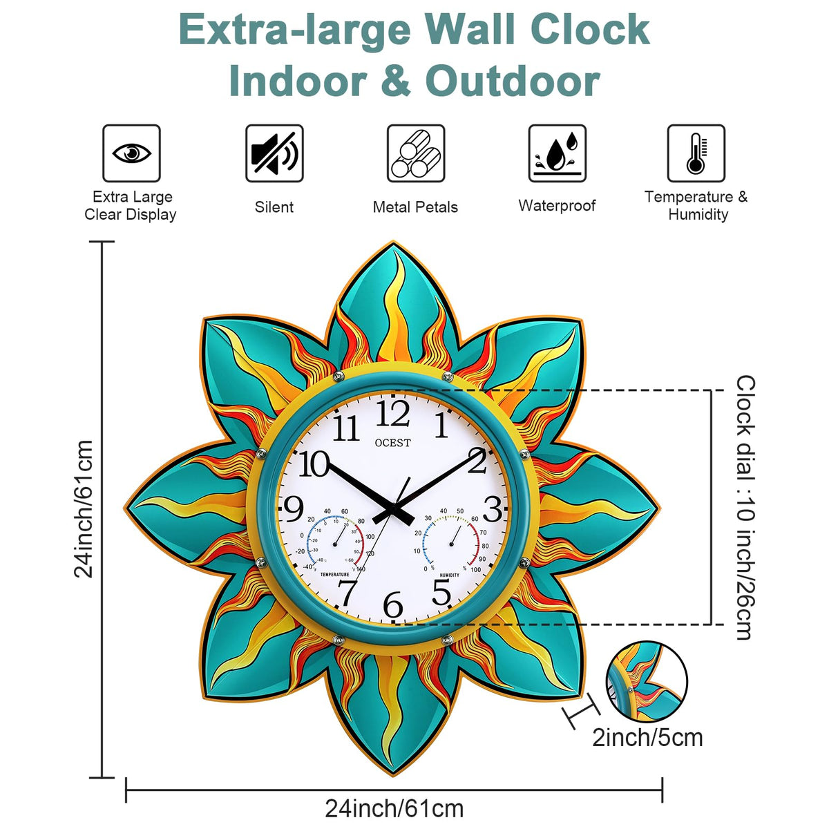 OCEST silent quartz movement ensures peaceful outdoor timekeeping.