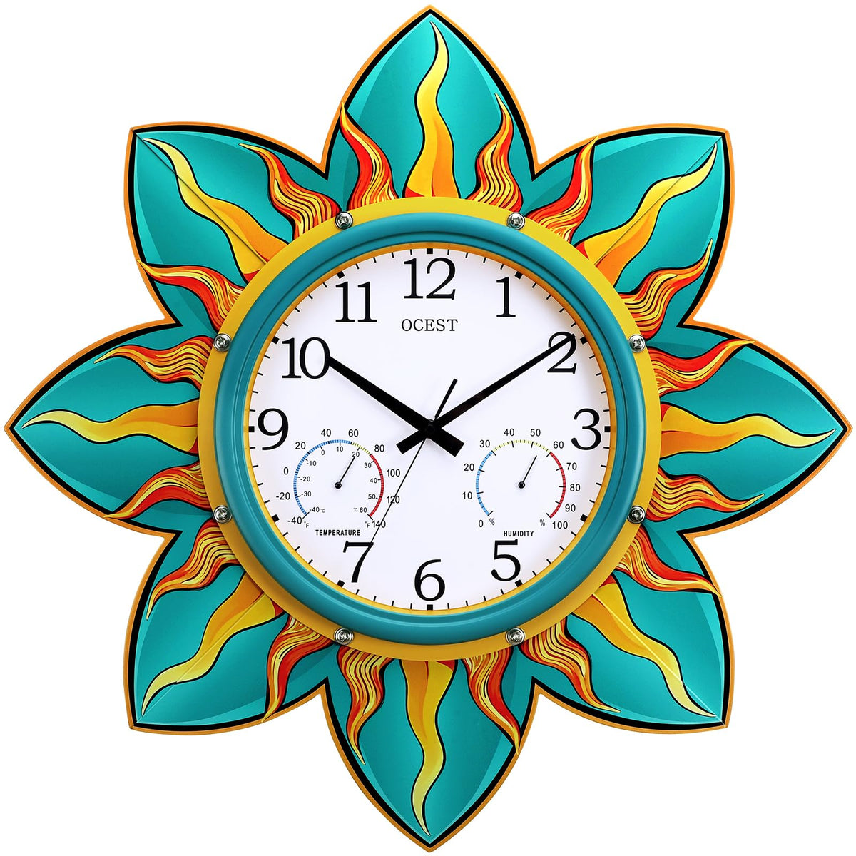OCEST sun-ray wall clock enhances outdoor decor with vibrant color.