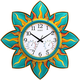 OCEST sun-ray wall clock enhances outdoor decor with vibrant color.