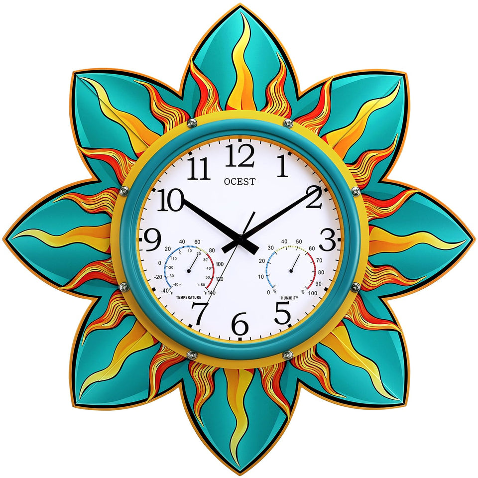 OCEST sun-ray wall clock enhances outdoor decor with vibrant color.