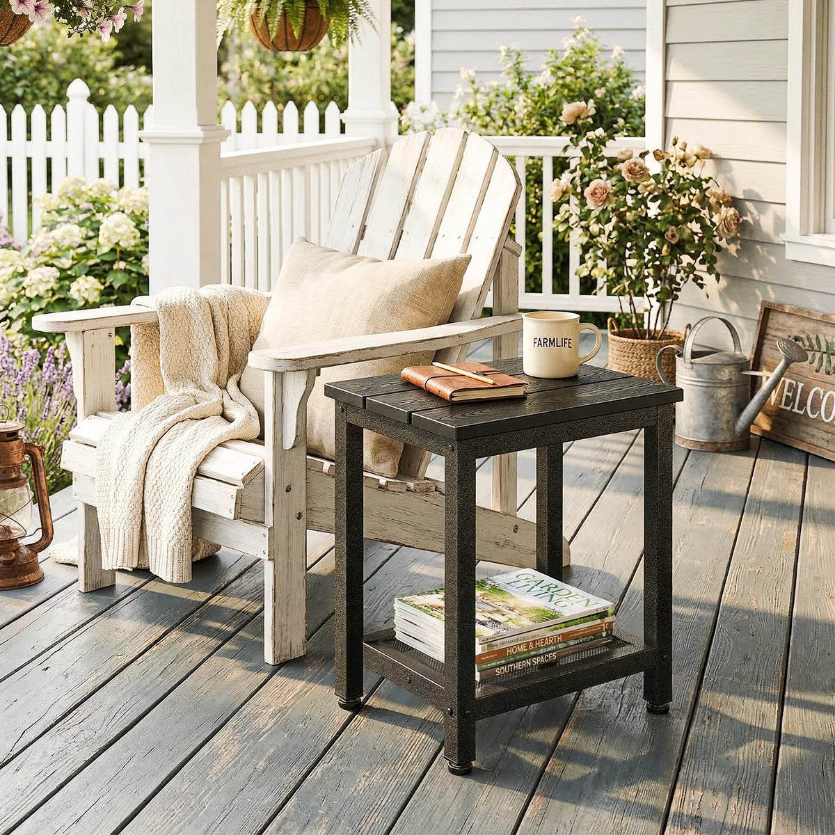 ODK Outdoor Double Side Table side profile showing sturdy metal frame for patios.