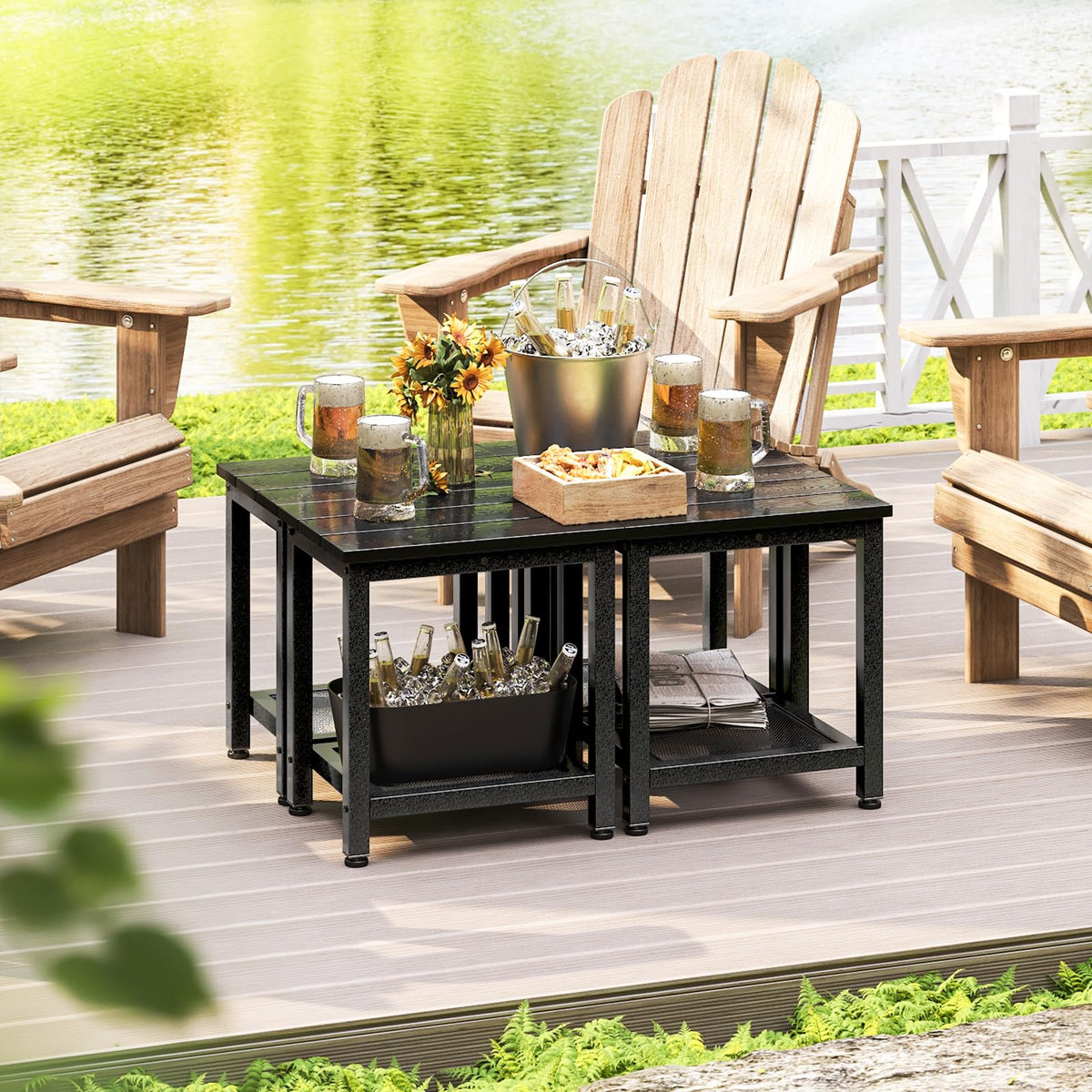 ODK Outdoor Double Side Table two-tier setup beside Adirondack chairs.