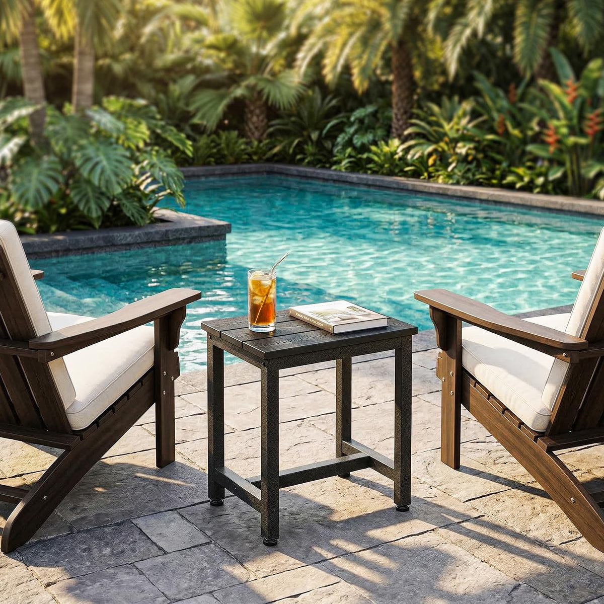 ODK outdoor side table by hot tub creates convenient surface.