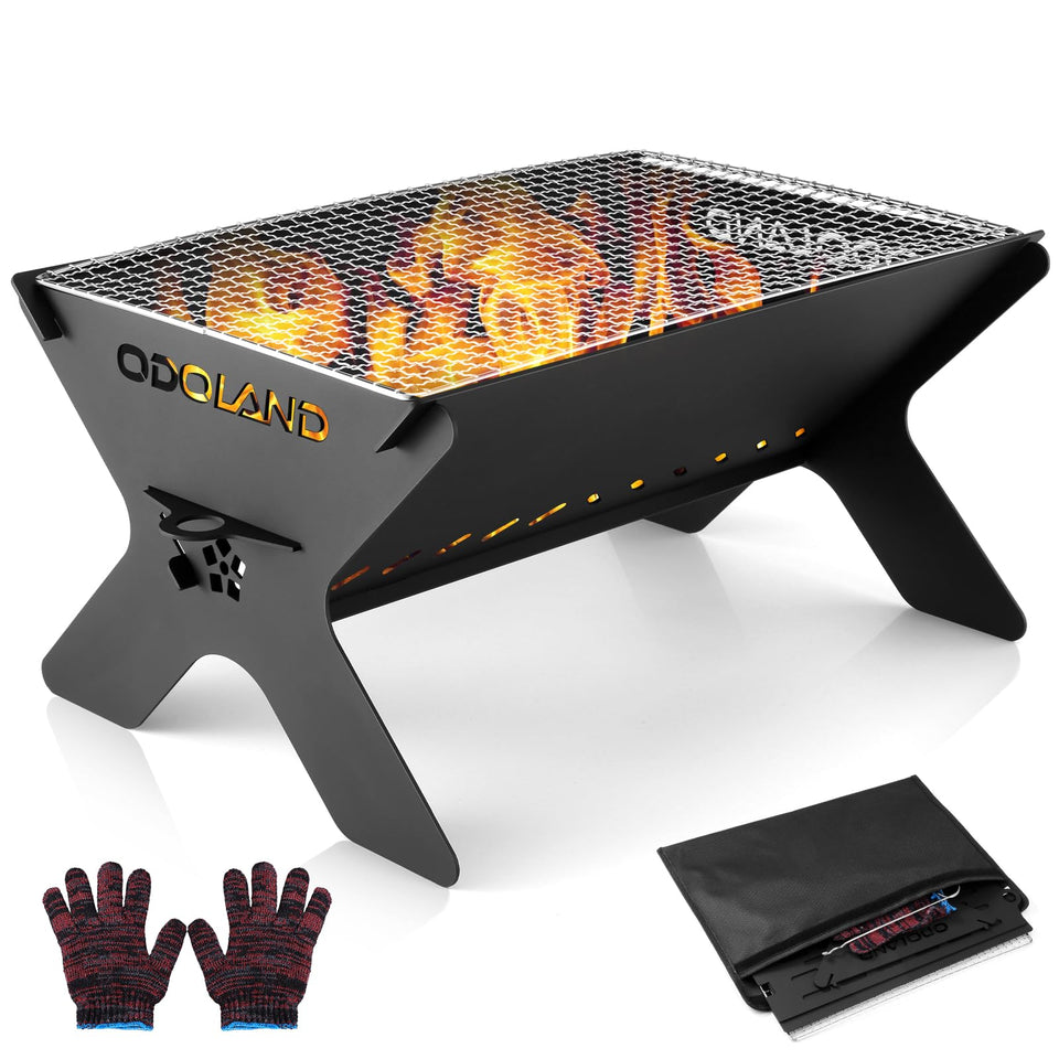 Odoland Camping Campfire Grill with carry case for easy transport.