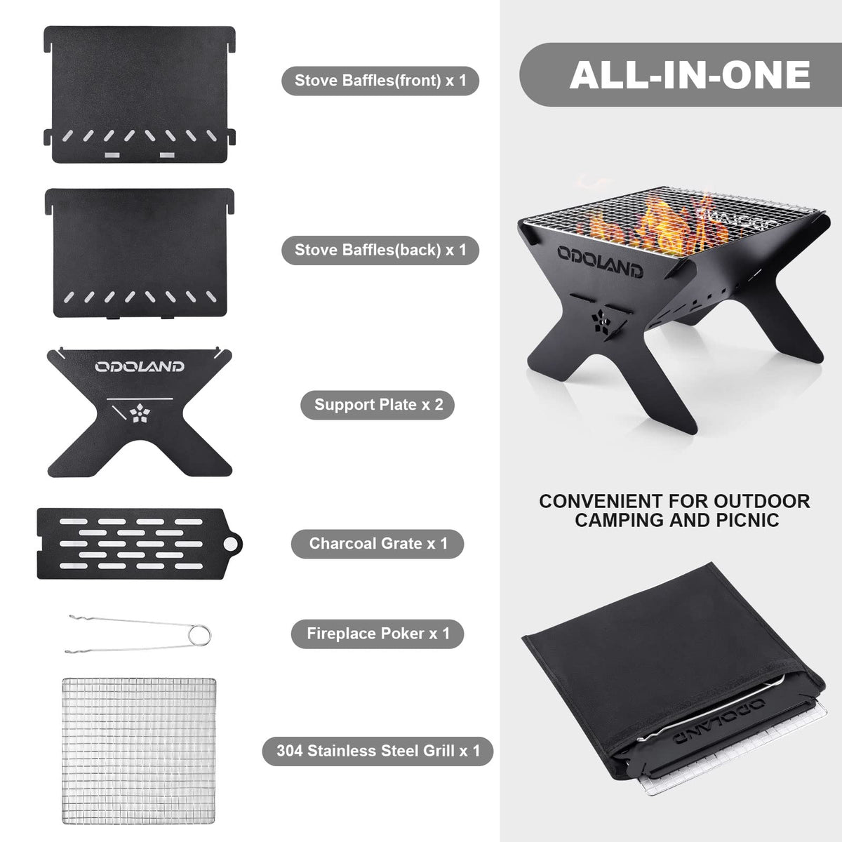Odoland fire pit grill with carry bag for quick transport.