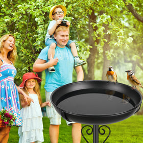 Black outdoor bird bath decor adds charm and wildlife appeal.