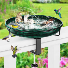 ODSNANIE deck-mounted bird bath bowl attracts birds from the railing for easy garden viewing