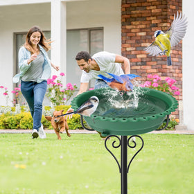 ODSNANIE bird bath with flower-hole rim attracts curious birds.