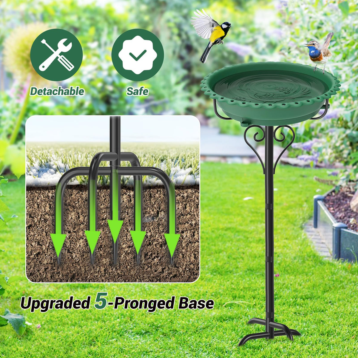 ODSNANIE freestanding birdbath with metal base provides a stable outdoor water source for visiting birds.