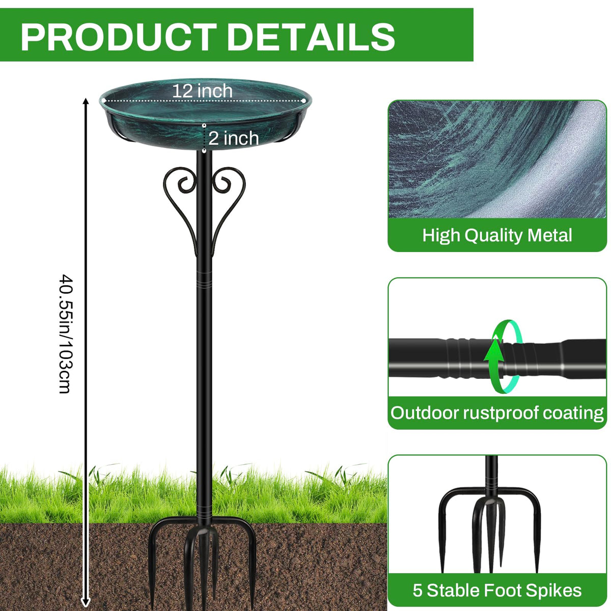 ODSNANIE sturdy iron stake keeps the bath securely in place for lawns and gardens.