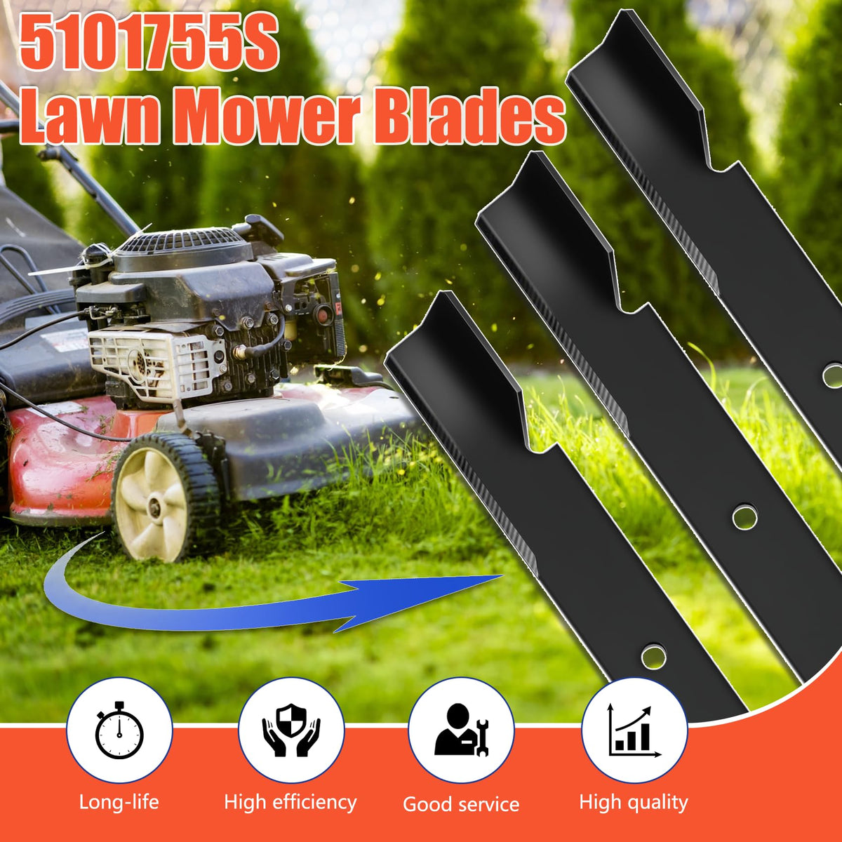 OEM Upgrade 5101755S blade in-use on a mower showing efficiency gains