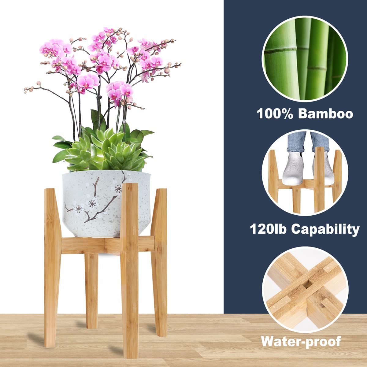 OERGKE bamboo plant stand adjustable width supports 7–12 inch pots.