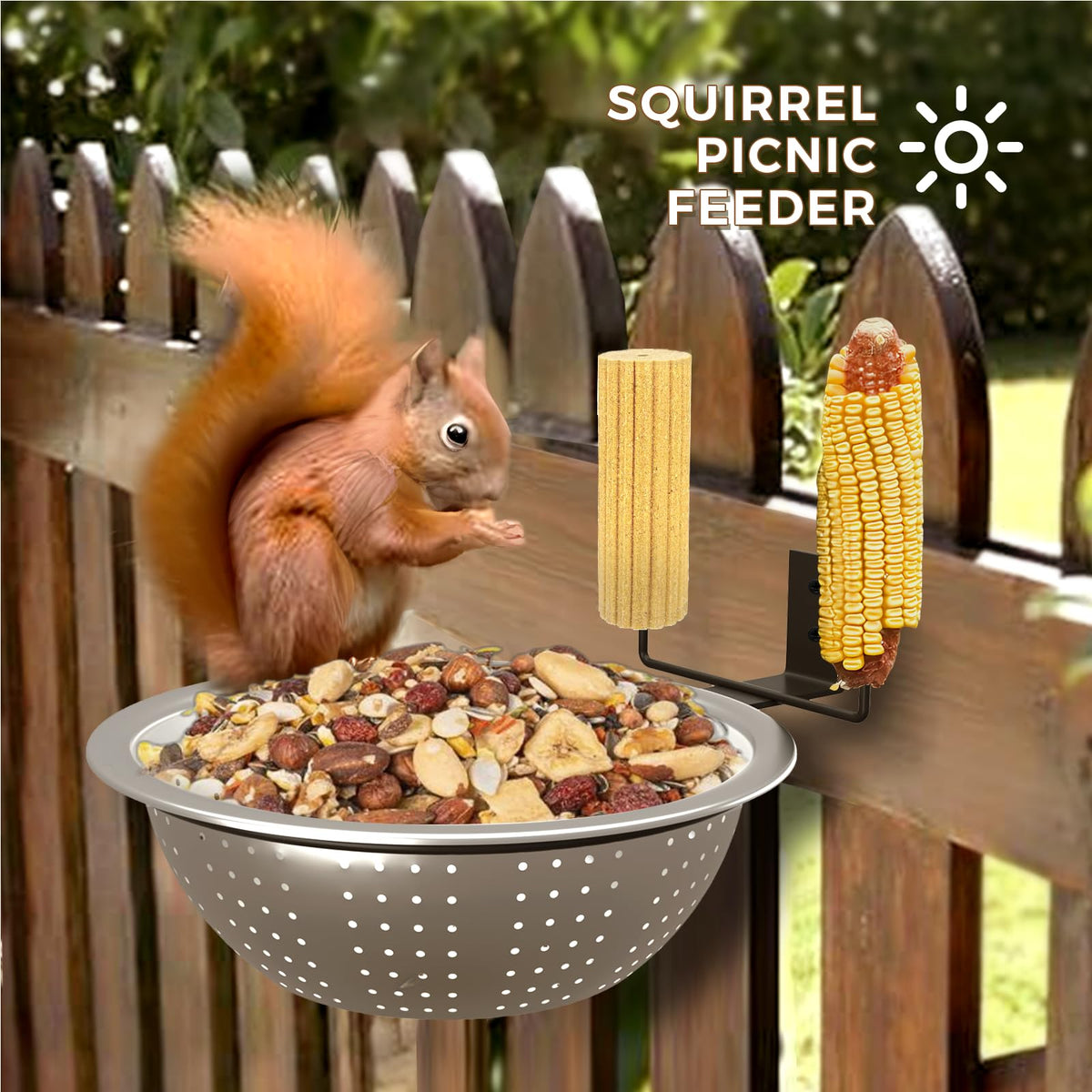 Ofasixx Squirrel Feeder large-capacity bowl holds 3-6 cups of food.
