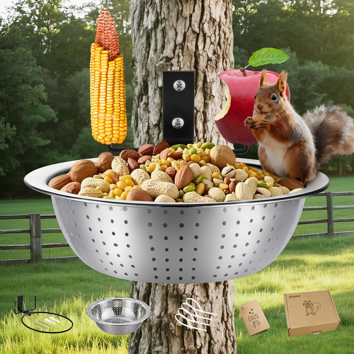 Ofasixx Squirrel Feeder drainage bowl prevents water buildup, keeps food fresh.
