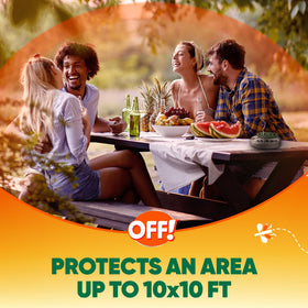 OFF! coverage-area note shows up to 10 ft by 10 ft protection