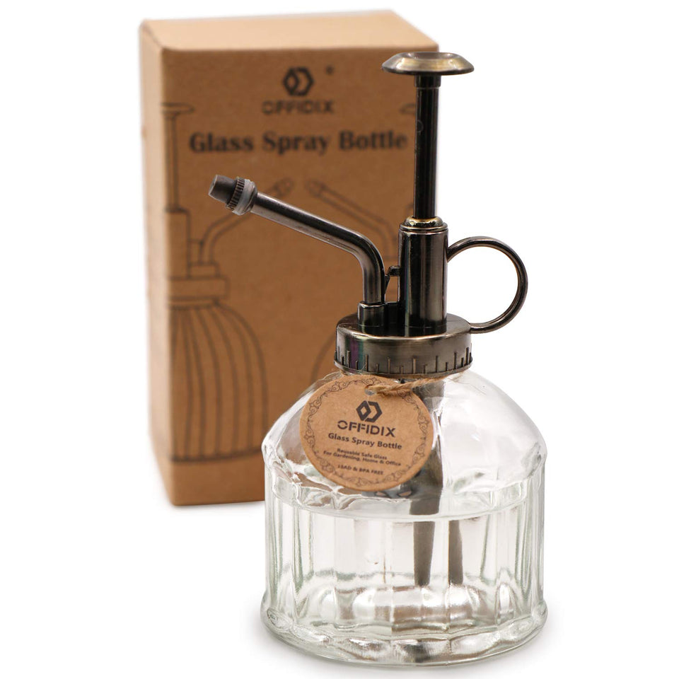 OFFIDIX compact glass watering spray bottle with bronze top pump for tidy plant care.