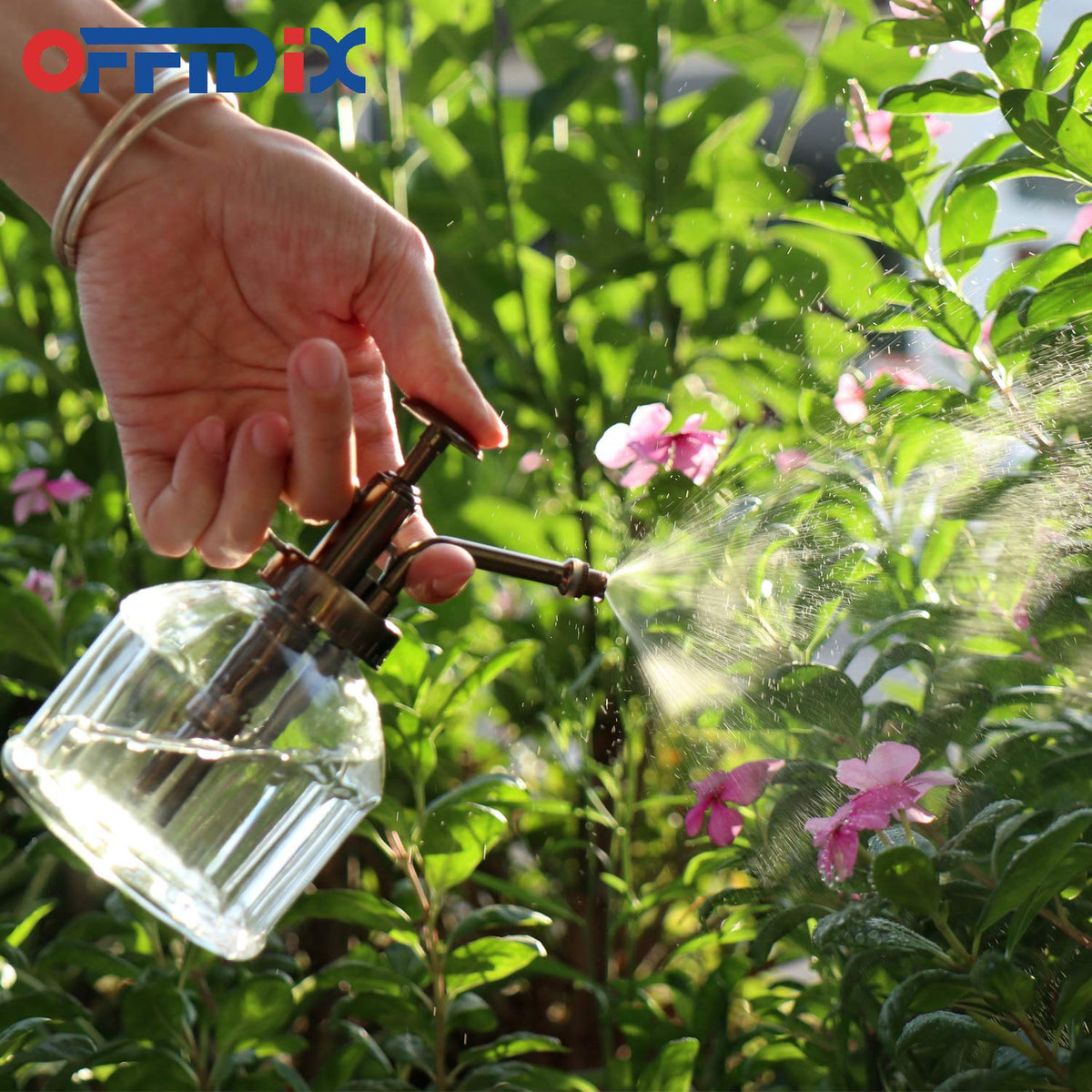 OFFIDIX decorative mister sits nicely on a plant stand or shelf.