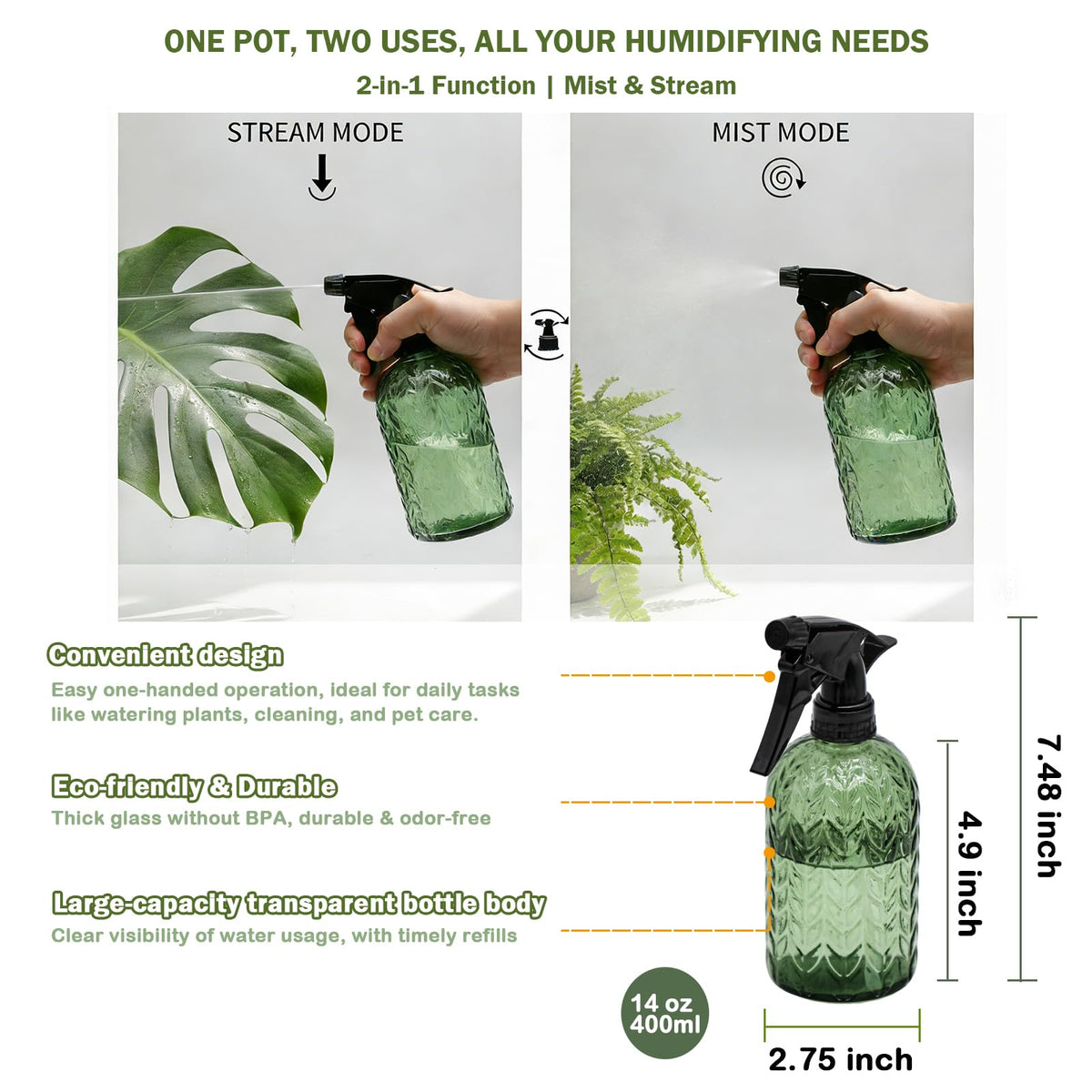 OFFIDIX glass mister bottle embossed leaf for humidity-loving plants