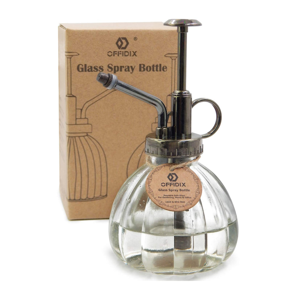 OFFIDIX transparent glass watering spray bottle with 6.3-inch height for easy indoor misting.