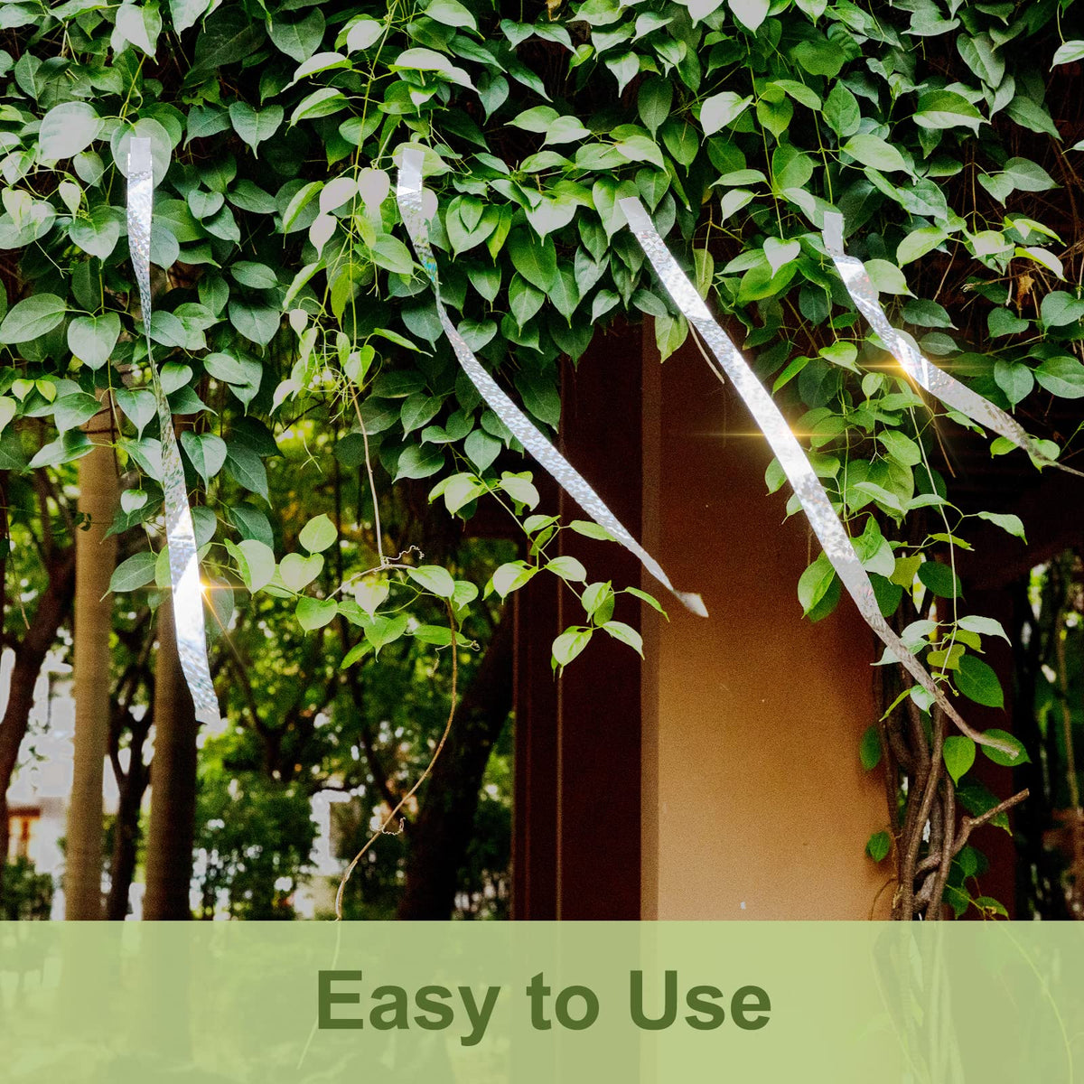 OFFO Bird Scare Tape easily hangs from branches for fast setup.