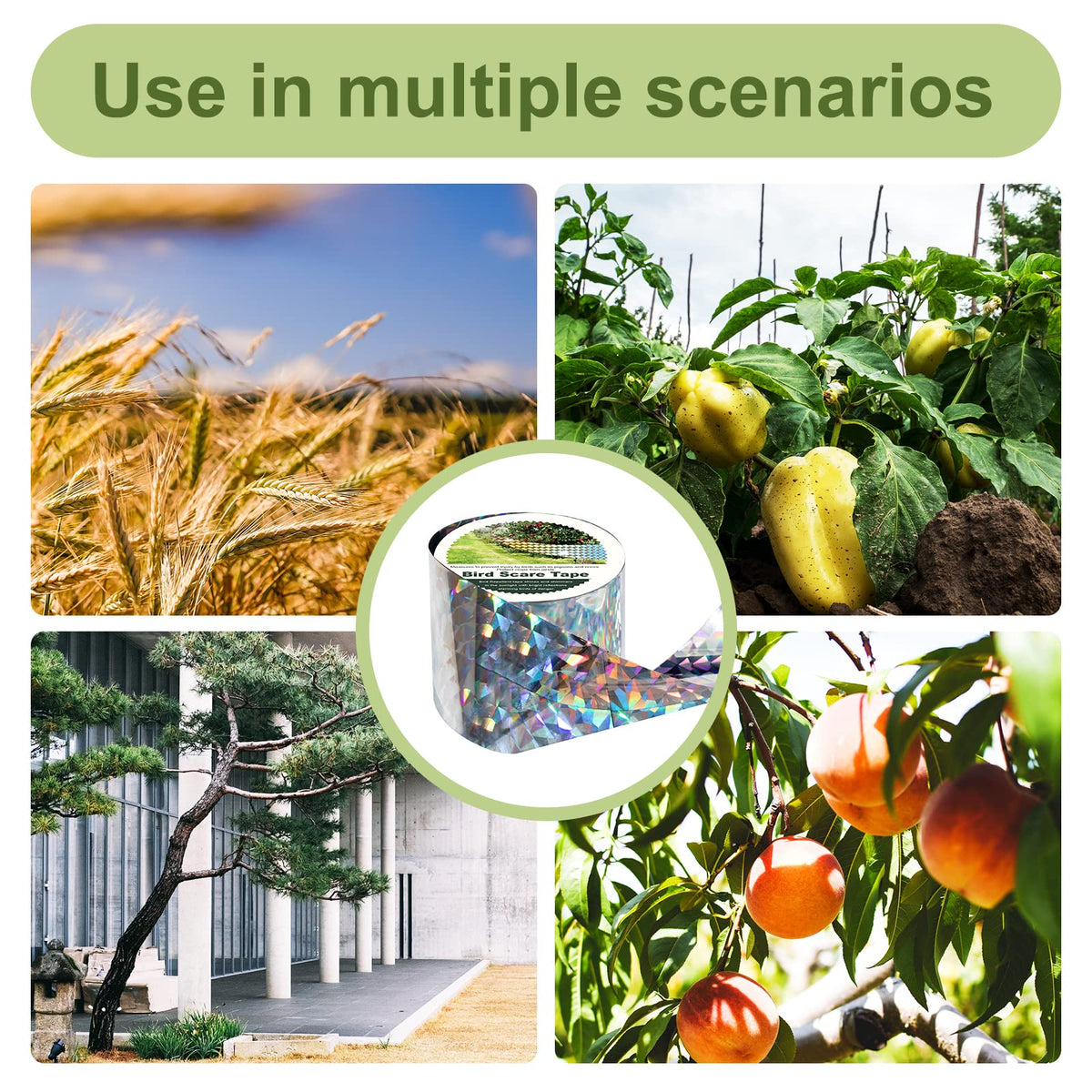 OFFO Bird Scare Tape packaging highlights UV resistance and durability.