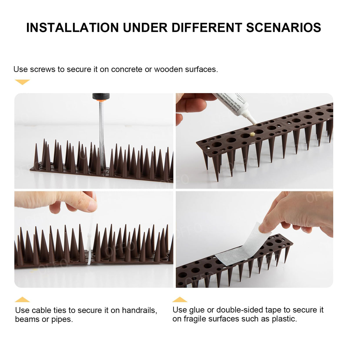 Brown OFFO Bird Spikes blend with exterior while deterring birds.