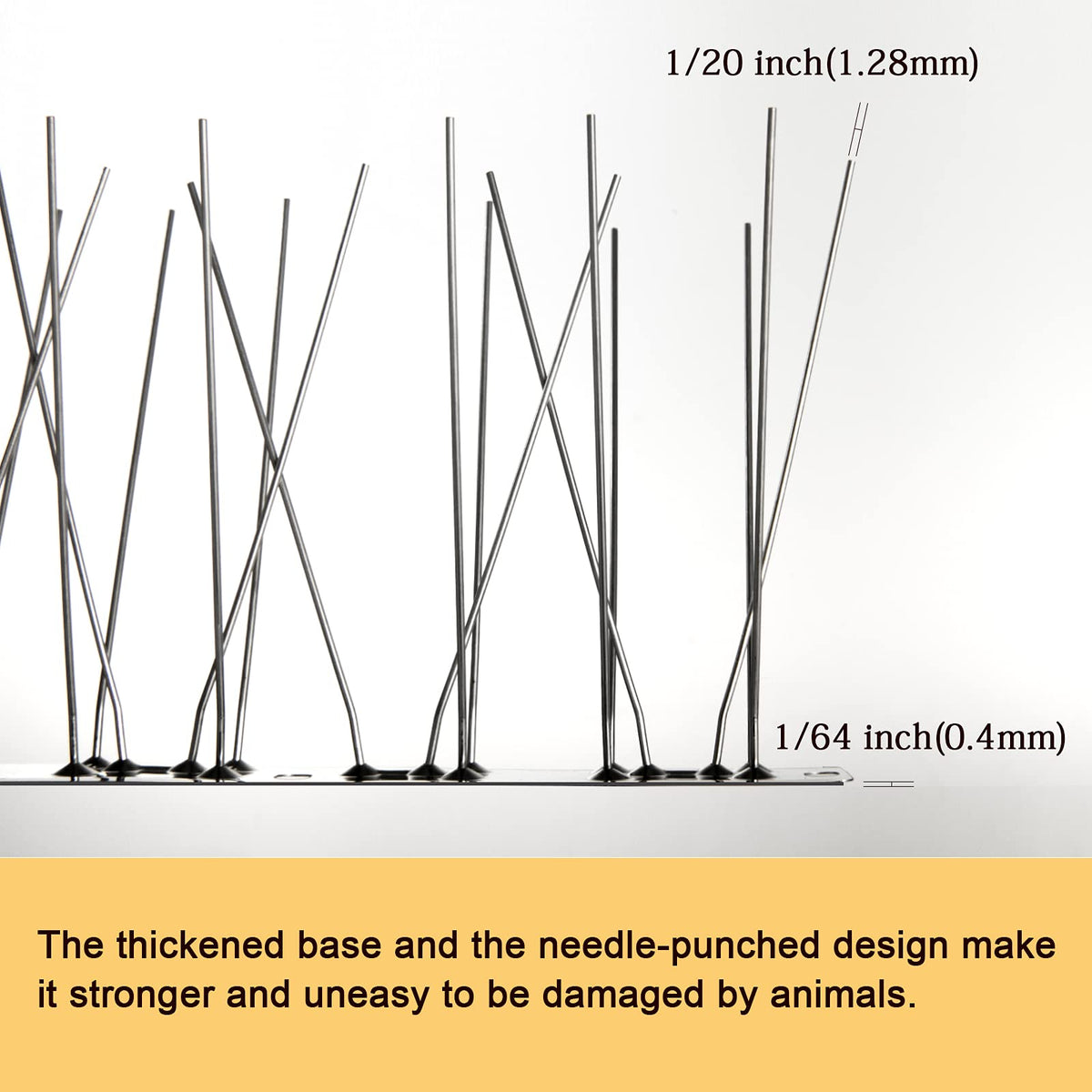 OFFO Bird Spikes close-up shows 304 stainless steel durability and sharp tips.