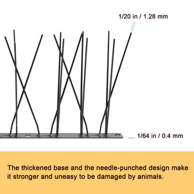 OFFO bird spikes closeup in 304 stainless steel, rust-resistant durability.
